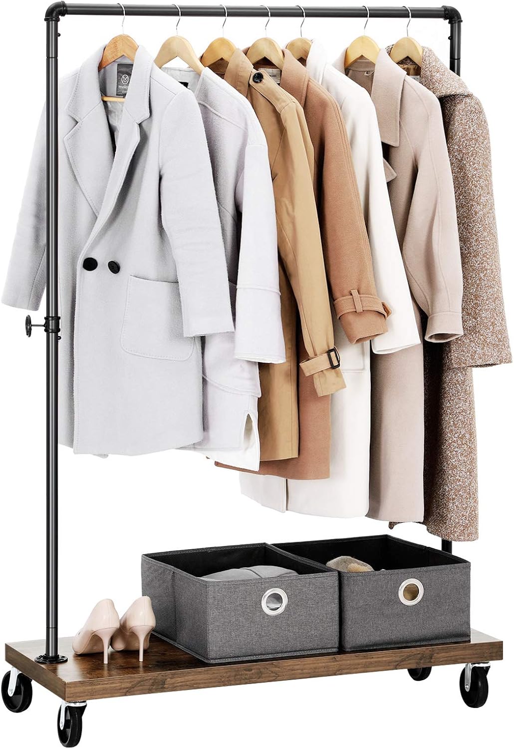 SONGMICS Suport haine pe roti, cu bara si raft inferior, stil industrial, 104x40x162 cm, negru - imagine 4