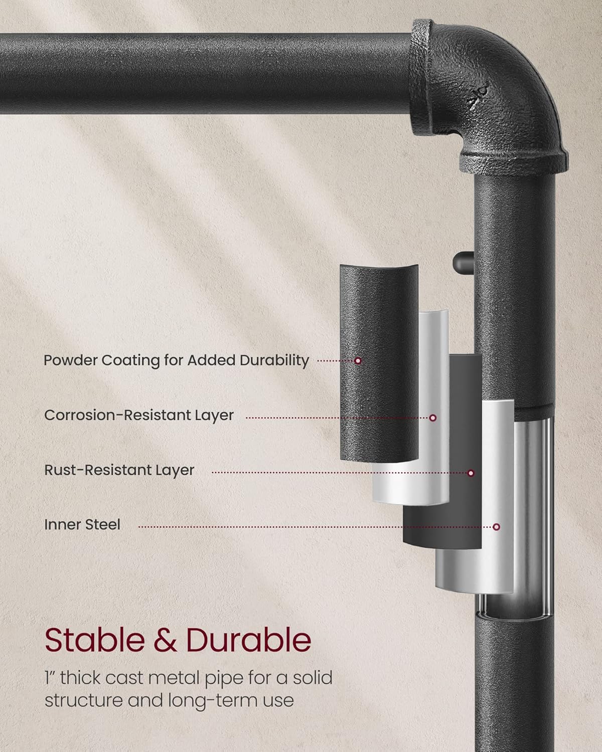 VASAGLE Suport haine cu bara metalica si raft inferior, cadru metalic si PAL, stil industrial, 104x40x162 cm, maro rustic si negru - imagine 5