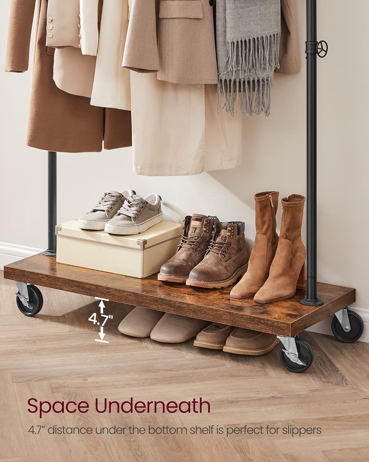 VASAGLE Suport haine cu bara metalica si raft inferior, cadru metalic si PAL, stil industrial, 104x40x162 cm, maro rustic si negru - imagine 8