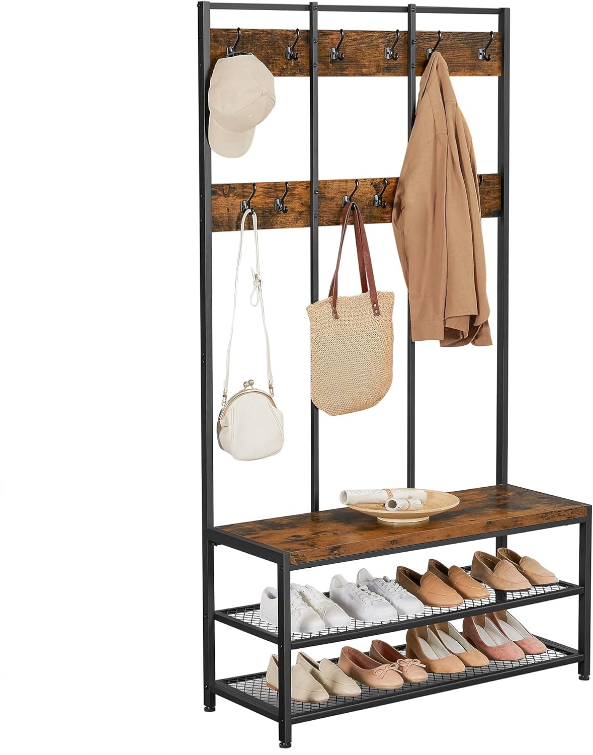 VASAGLE Cuier hol cu 12 carlige si banca pantofi, cadru metalic, stil industrial, 100x40x186 cm, maro rustic - imagine 2