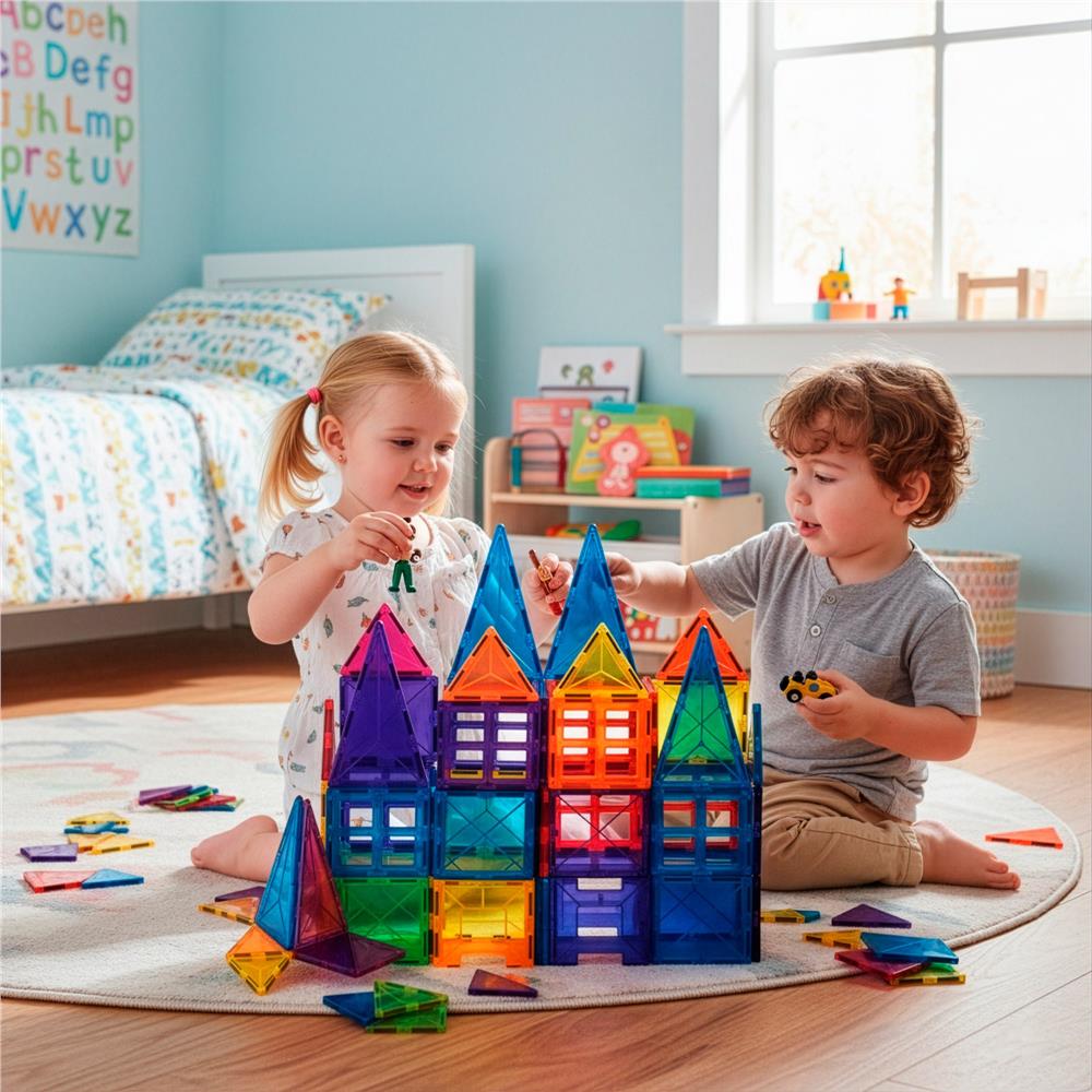 Set de constructie din cuburi magnetice educative pentru copii 48 de piese, multicolor - imagine 3