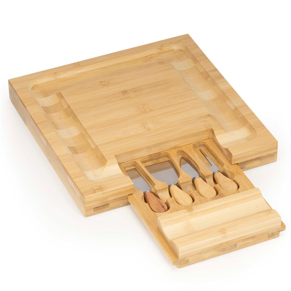 Set servire branzeturi cu platou din bambus si sertar glisant, 33x33x4 cm, maro natur - imagine 11