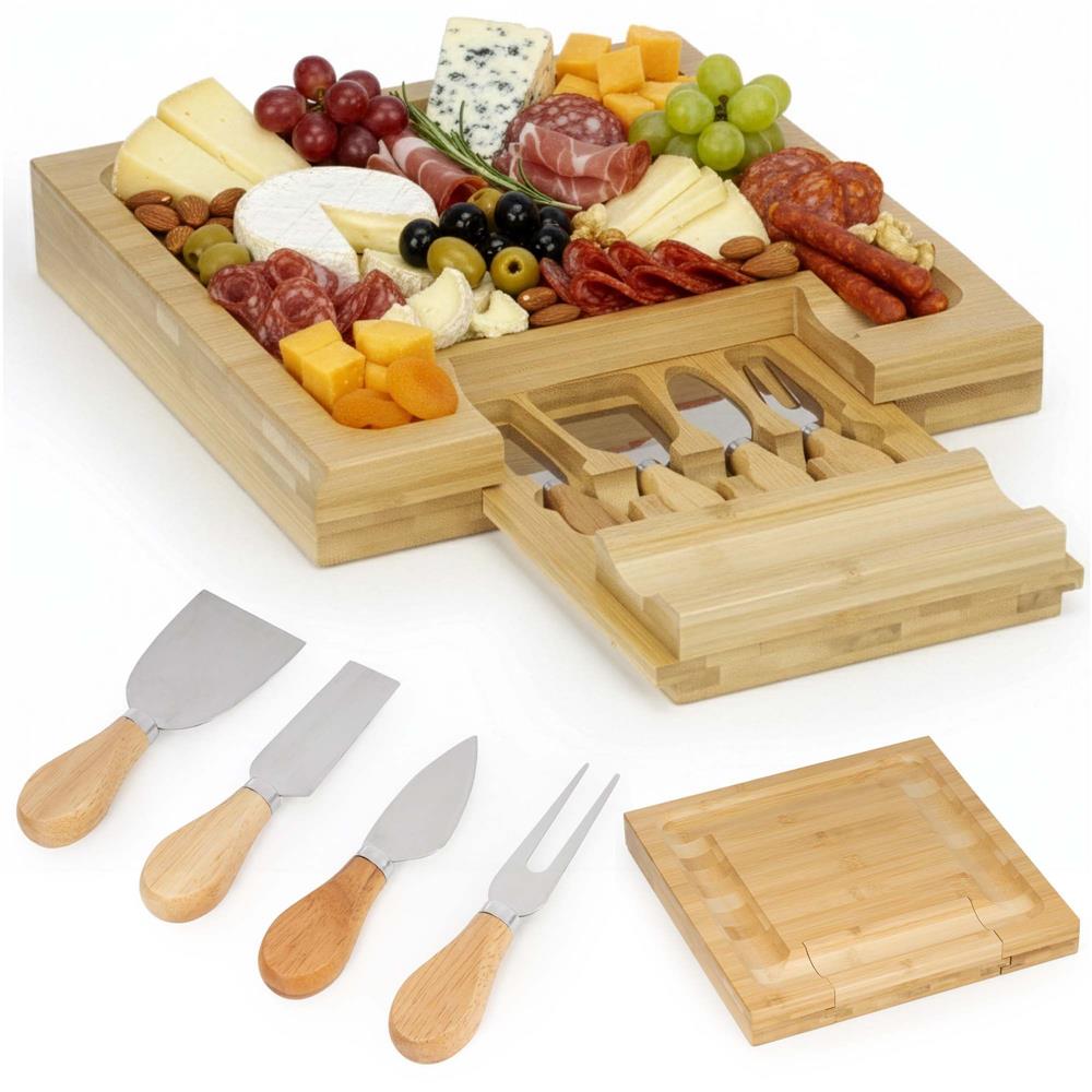 Set servire branzeturi cu platou din bambus si sertar glisant, 33x33x4 cm, maro natur - imagine 13