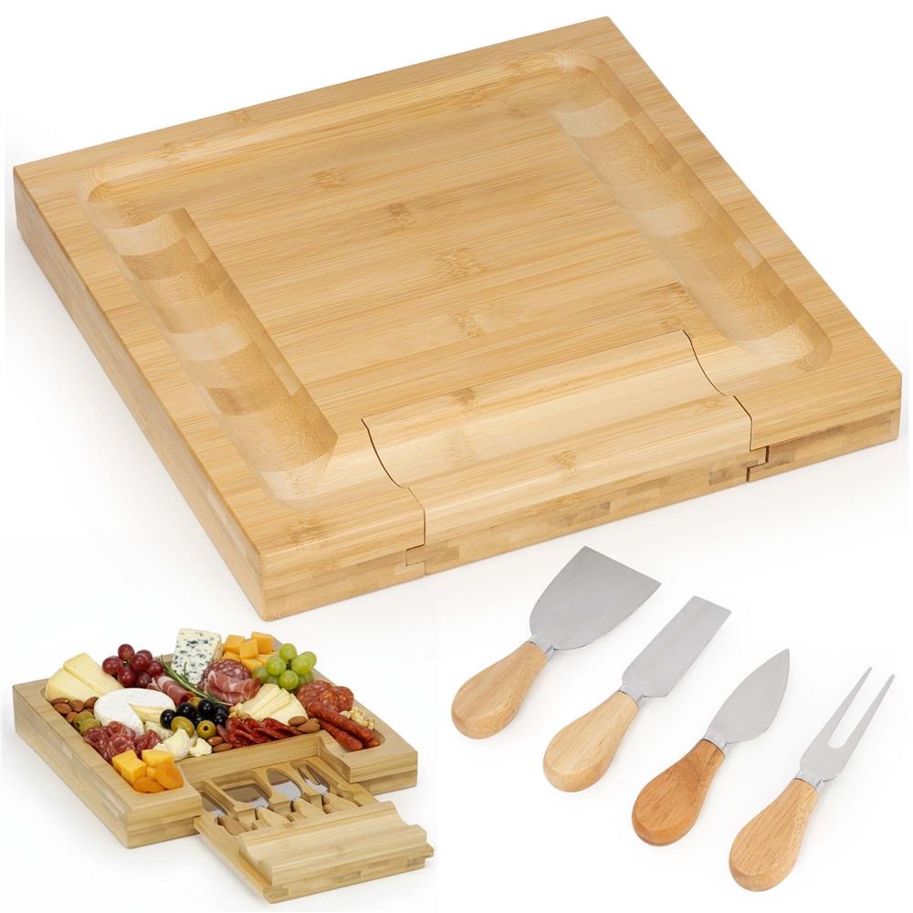 Set servire branzeturi cu platou din bambus si sertar glisant, 33x33x4 cm, maro natur - imagine 14