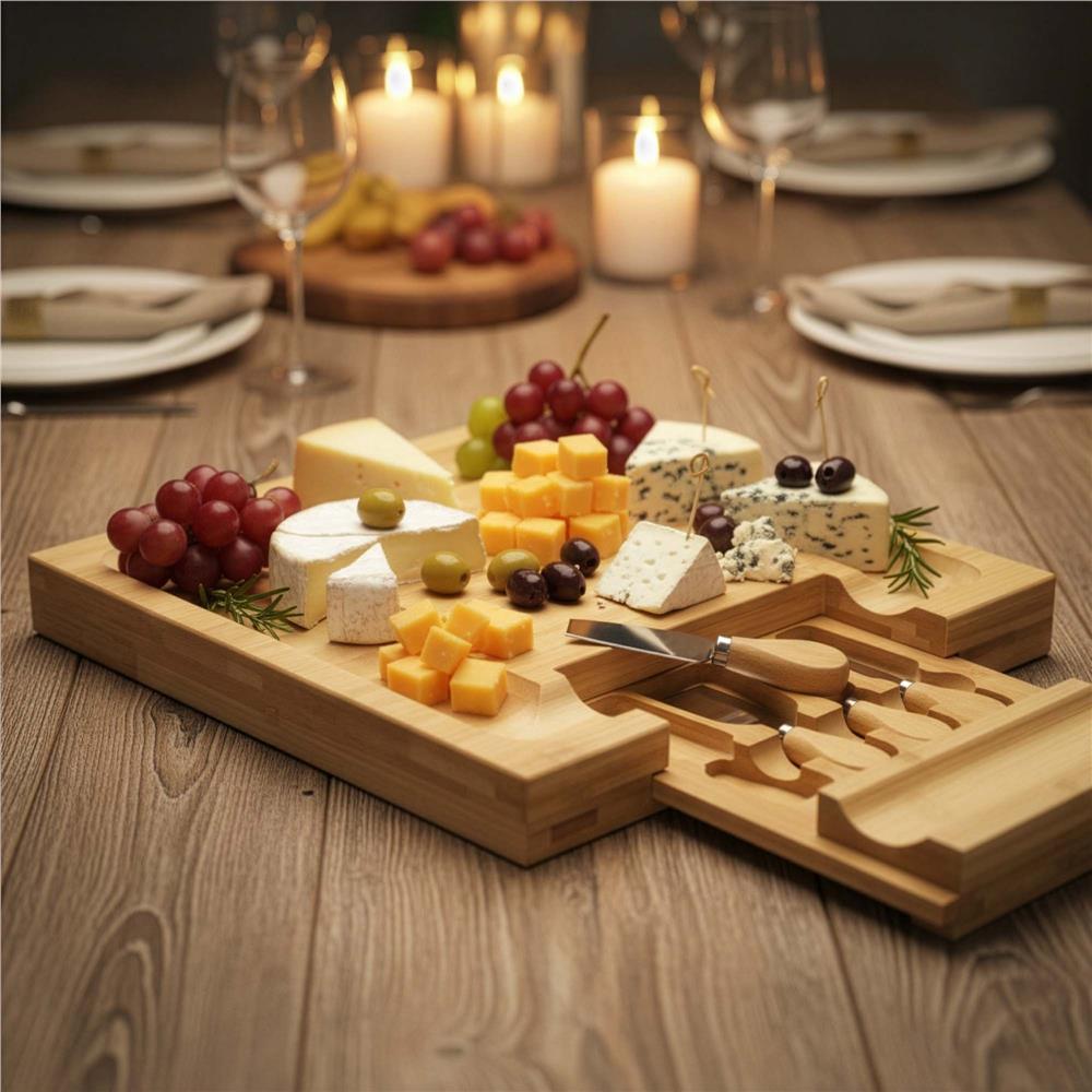 Set servire branzeturi cu platou din bambus si sertar glisant, 33x33x4 cm, maro natur - imagine 16