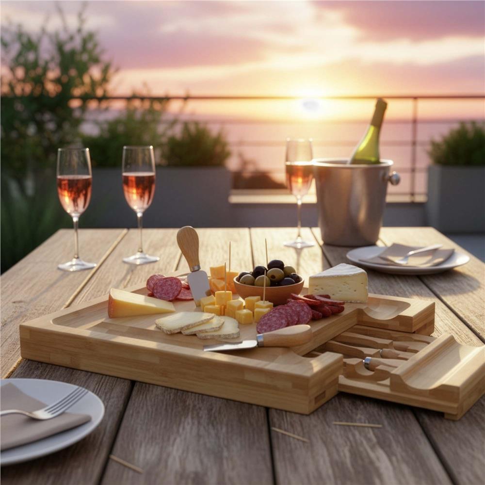 Set servire branzeturi cu platou din bambus si sertar glisant, 33x33x4 cm, maro natur - imagine 17