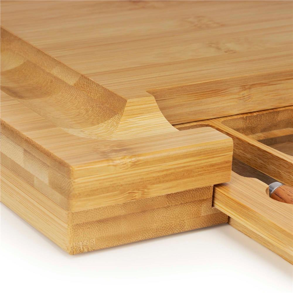 Set servire branzeturi cu platou din bambus si sertar glisant, 33x33x4 cm, maro natur - imagine 4