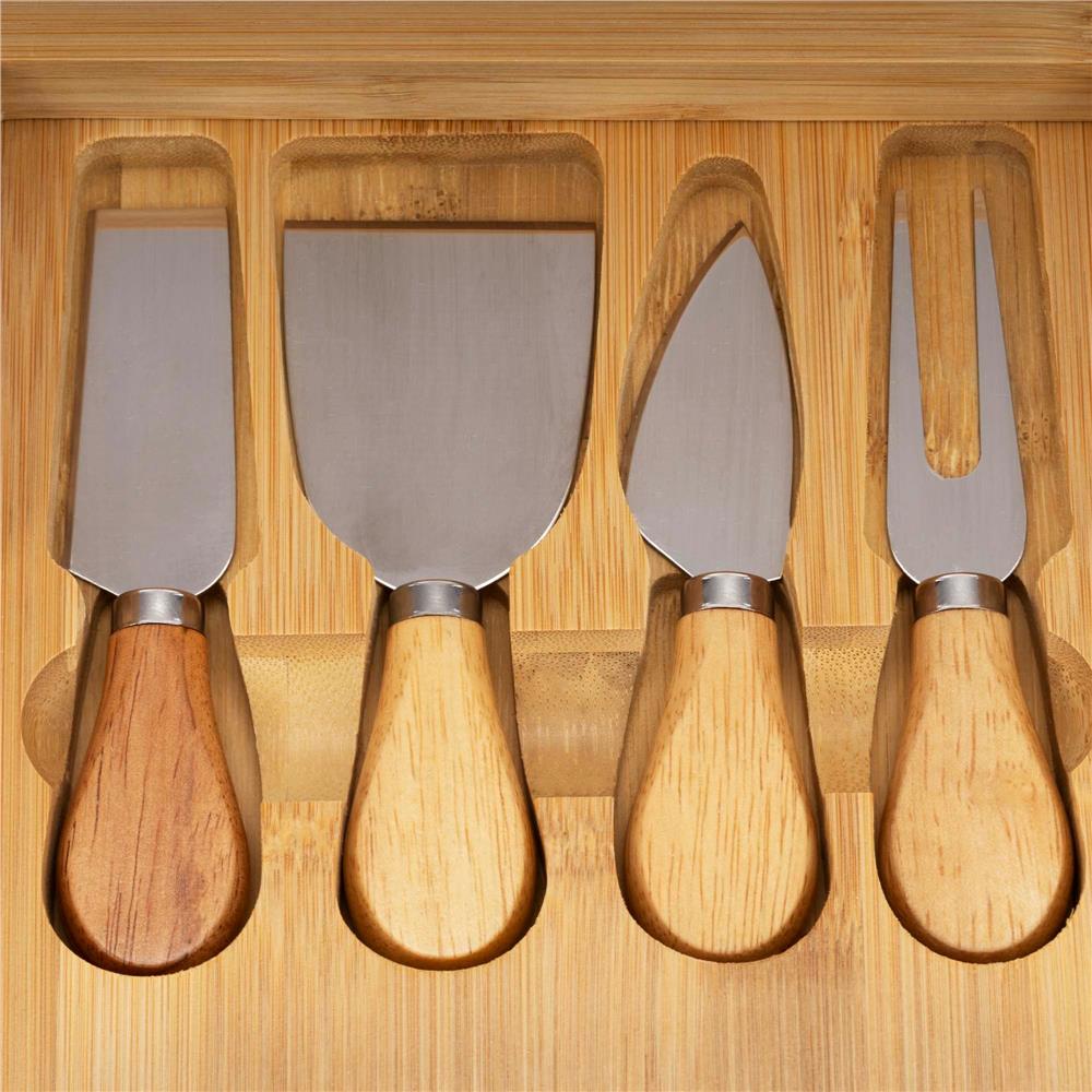 Set servire branzeturi cu platou din bambus si sertar glisant, 33x33x4 cm, maro natur - imagine 5