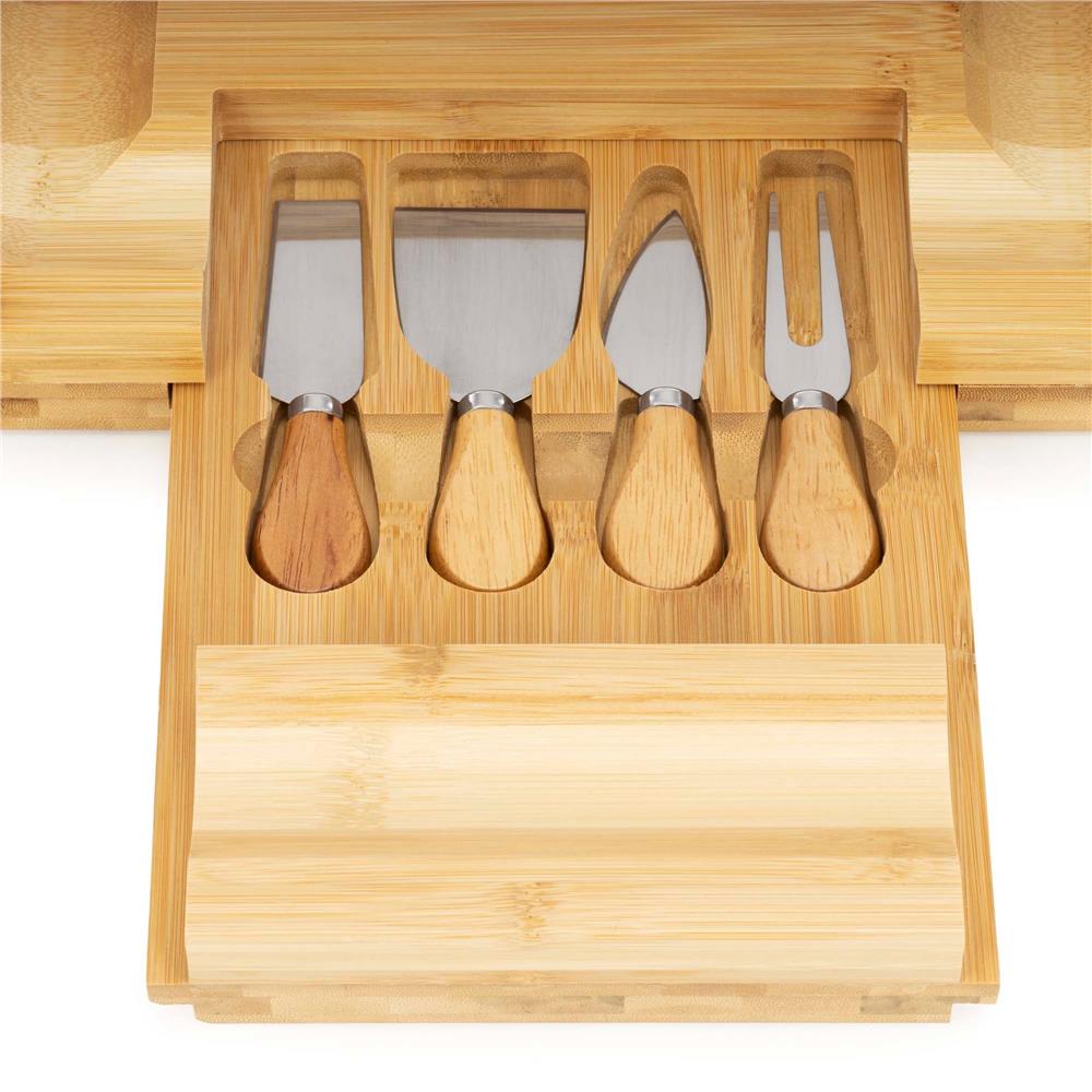 Set servire branzeturi cu platou din bambus si sertar glisant, 33x33x4 cm, maro natur - imagine 7