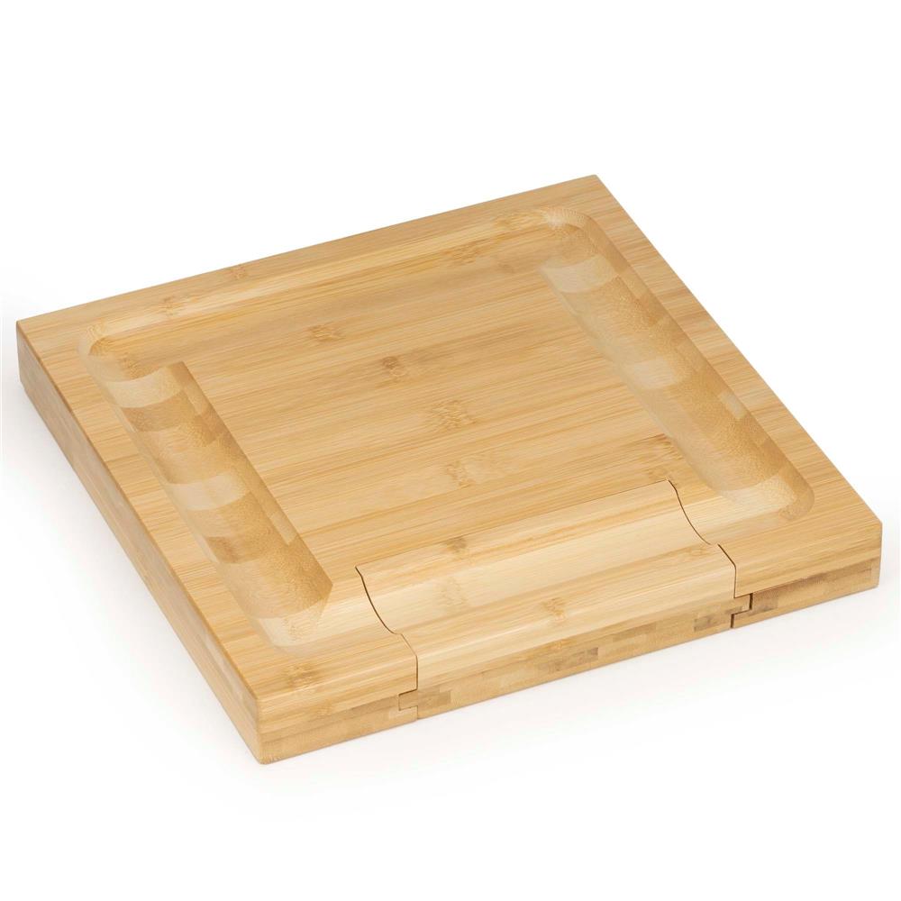 Set servire branzeturi cu platou din bambus si sertar glisant, 33x33x4 cm, maro natur - imagine 9