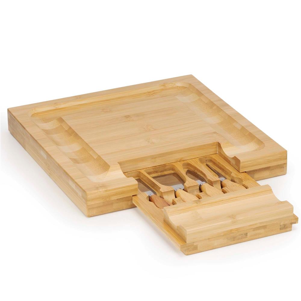 Set servire branzeturi cu platou din bambus si sertar glisant, 33x33x4 cm, maro natur - imagine 10