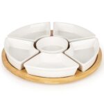 Set servire rotativ cu platou din bambus si 6 boluri din portelan, 30 cm, maro natur si alb