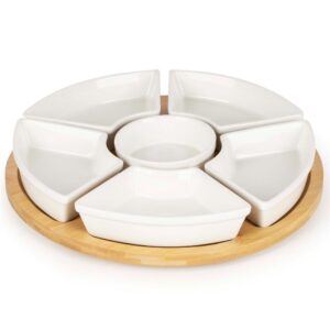 Set servire rotativ cu platou din bambus si 6 boluri din portelan, 30 cm, maro natur si alb