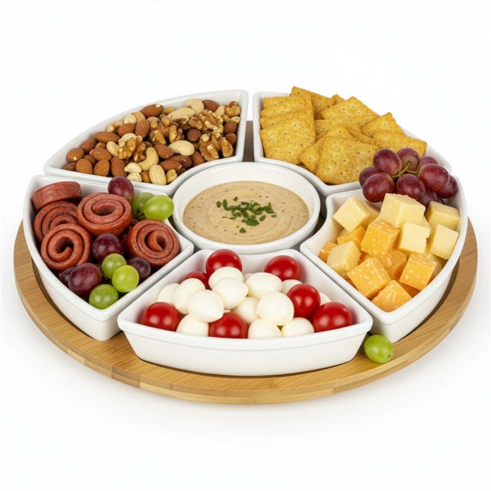 Set servire rotativ cu platou din bambus si 6 boluri din portelan, 30 cm, maro natur si alb - imagine 9