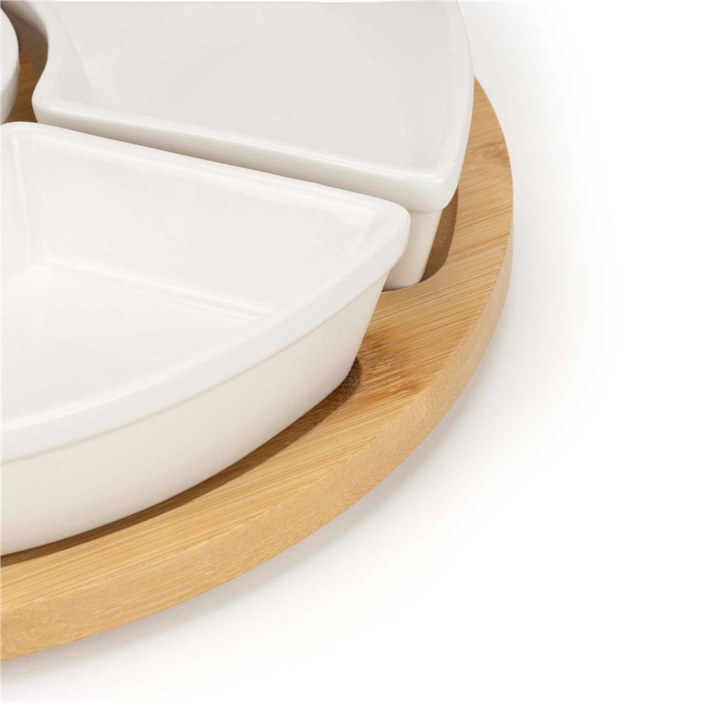 Set servire rotativ cu platou din bambus si 6 boluri din portelan, 30 cm, maro natur si alb - imagine 11