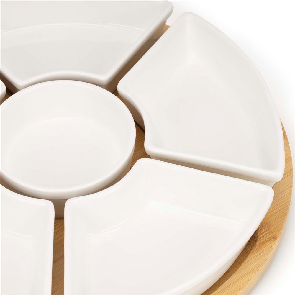 Set servire rotativ cu platou din bambus si 6 boluri din portelan, 30 cm, maro natur si alb - imagine 12