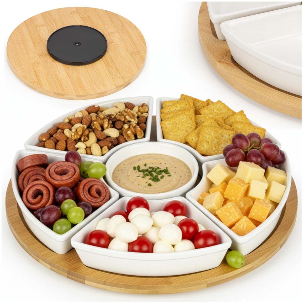 Set servire rotativ cu platou din bambus si 6 boluri din portelan, 30 cm, maro natur si alb - imagine 3