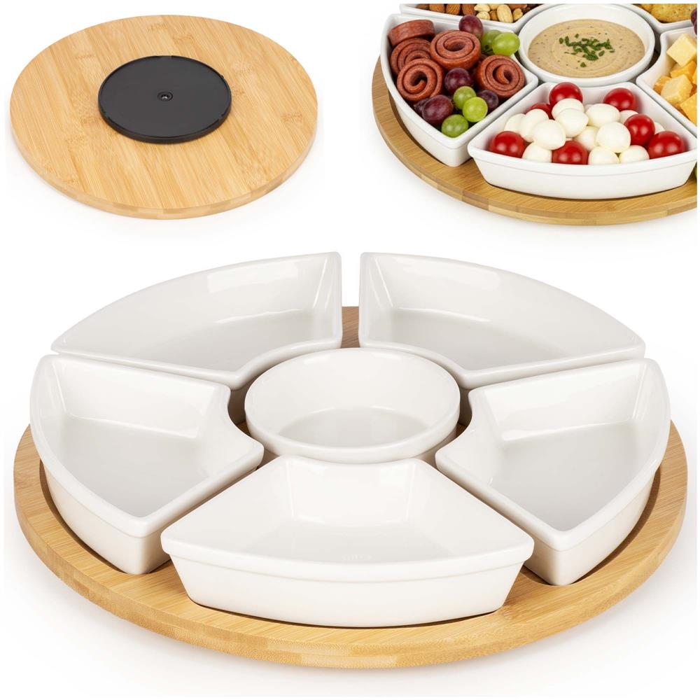 Set servire rotativ cu platou din bambus si 6 boluri din portelan, 30 cm, maro natur si alb - imagine 4