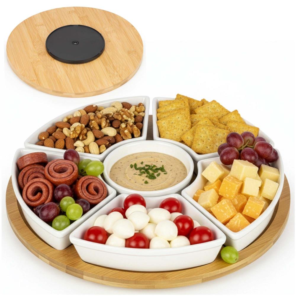 Set servire rotativ cu platou din bambus si 6 boluri din portelan, 30 cm, maro natur si alb - imagine 5