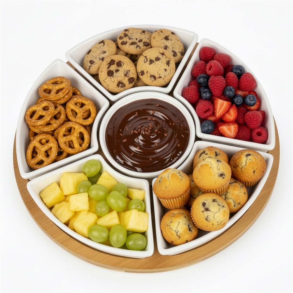 Set servire rotativ cu platou din bambus si 6 boluri din portelan, 30 cm, maro natur si alb - imagine 6