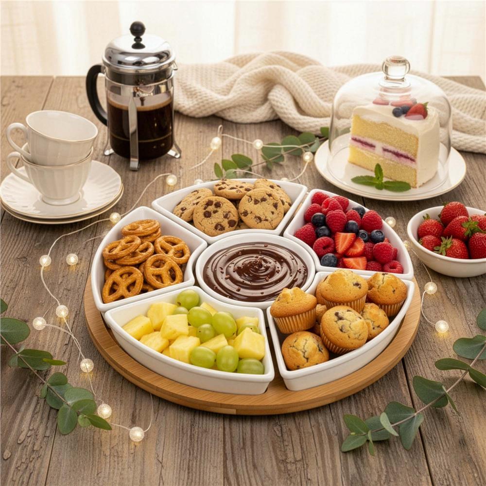 Set servire rotativ cu platou din bambus si 6 boluri din portelan, 30 cm, maro natur si alb - imagine 7