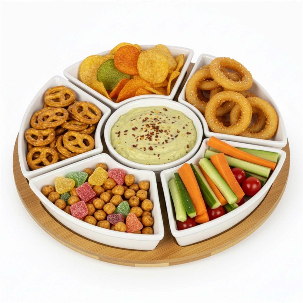 Set servire rotativ cu platou din bambus si 6 boluri din portelan, 30 cm, maro natur si alb - imagine 8