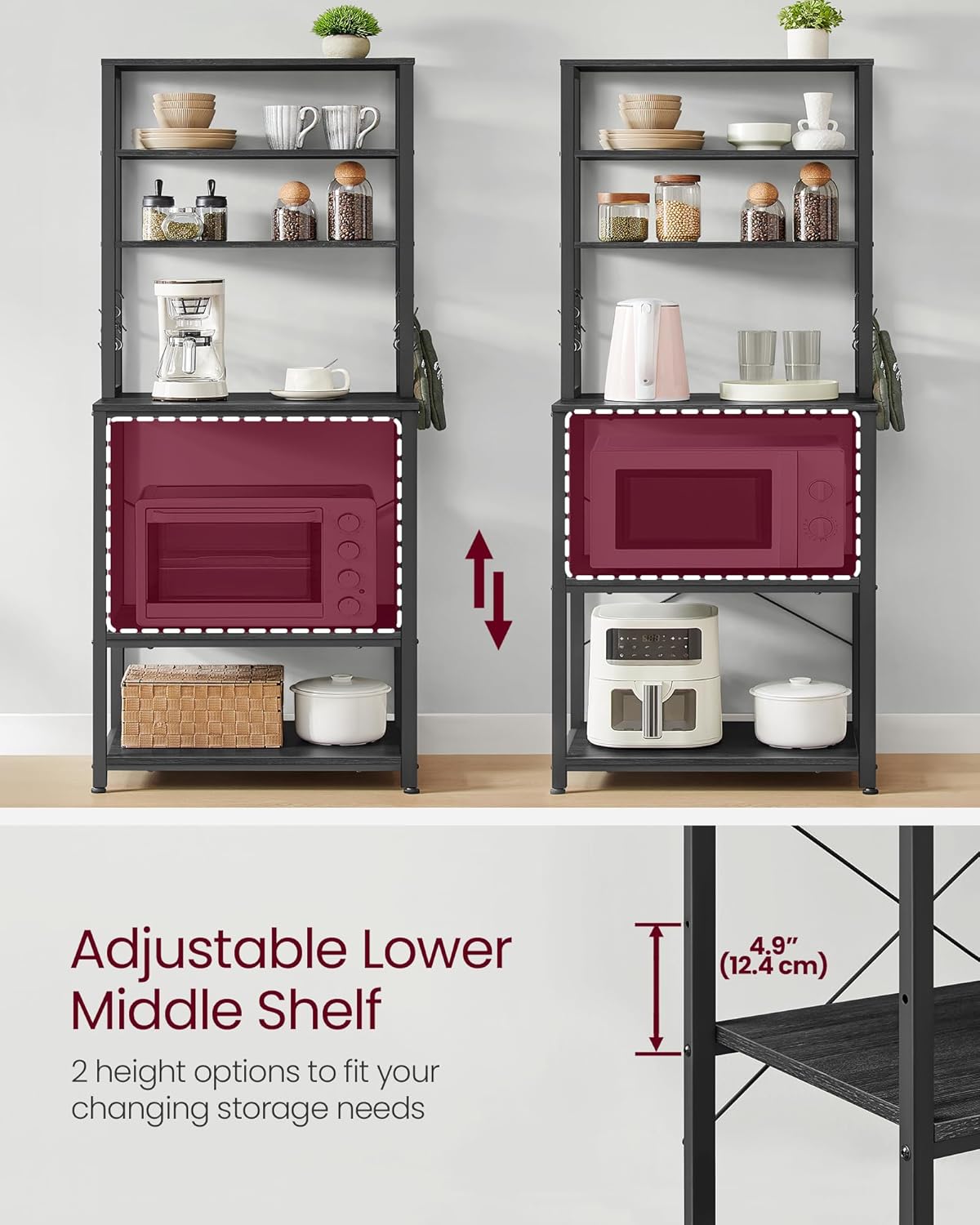 VASAGLE Raft de bucatarie, spatiu cuptor cu microunde, 6 rafturi, 40x60x167cm, gri inchis si negru - imagine 4