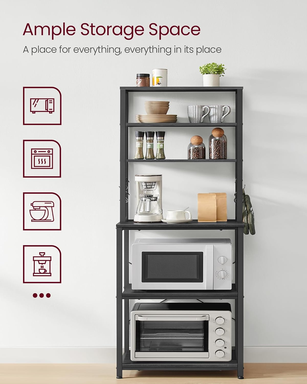 VASAGLE Raft de bucatarie, spatiu cuptor cu microunde, 6 rafturi, 40x60x167cm, gri inchis si negru - imagine 6