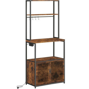 VASAGLE Raft bucatarie cu 4 prize, blat de lucru 90 cm, raft microunde, dulap si carlige, 40x60x170 cm, maro rustic