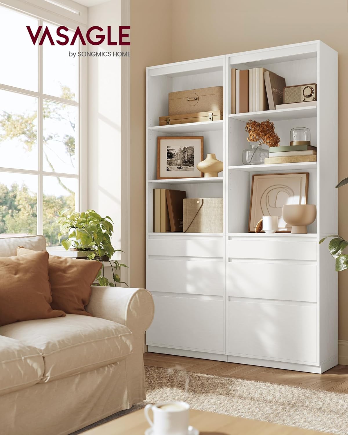 VASAGLE Biblioteca cu 3 sertare si polite reglabile, colectia Kailyn, PAL laminat 15 mm, 57x30x180 cm, alb - imagine 3