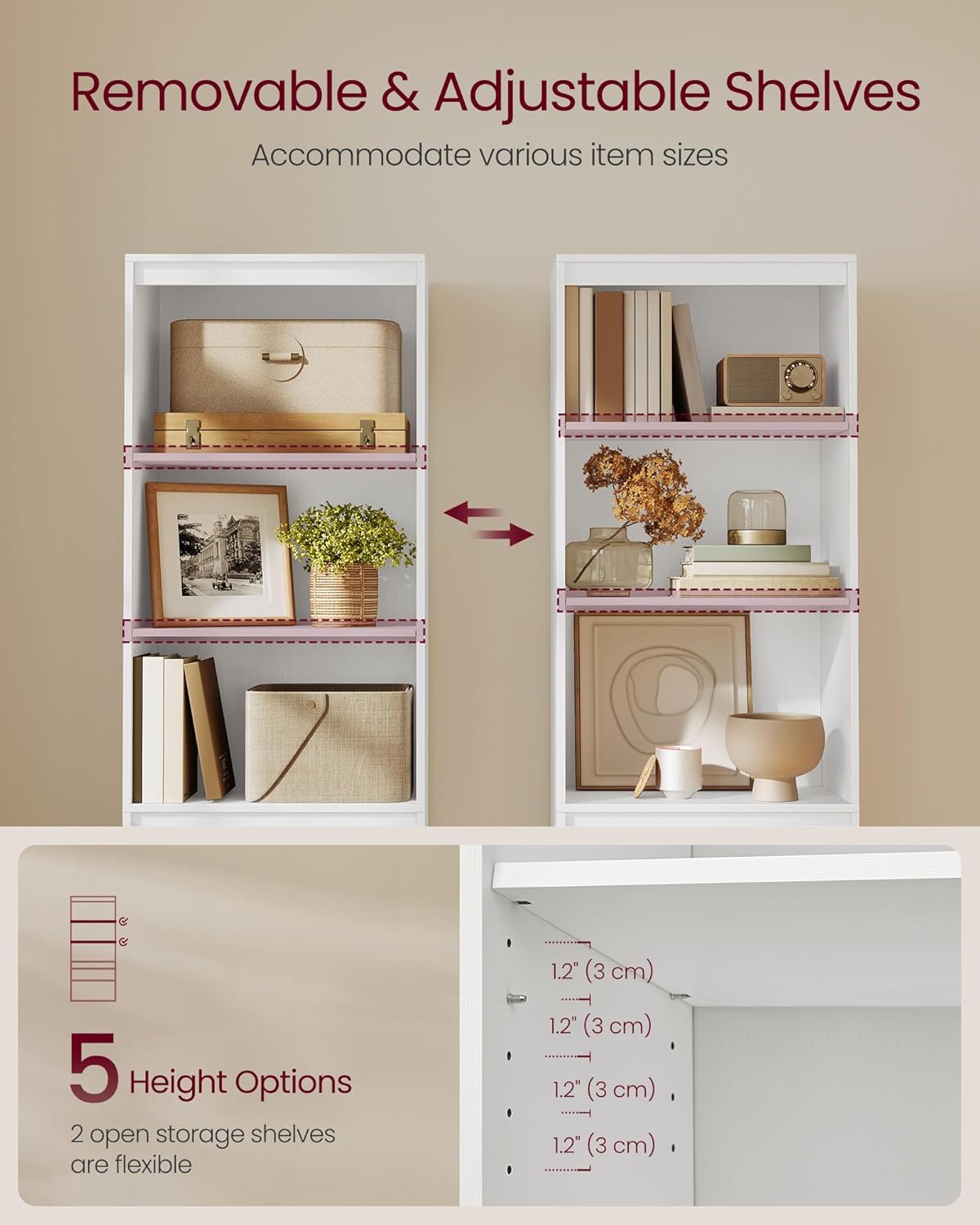 VASAGLE Biblioteca cu 3 sertare si polite reglabile, colectia Kailyn, PAL laminat 15 mm, 57x30x180 cm, alb - imagine 4