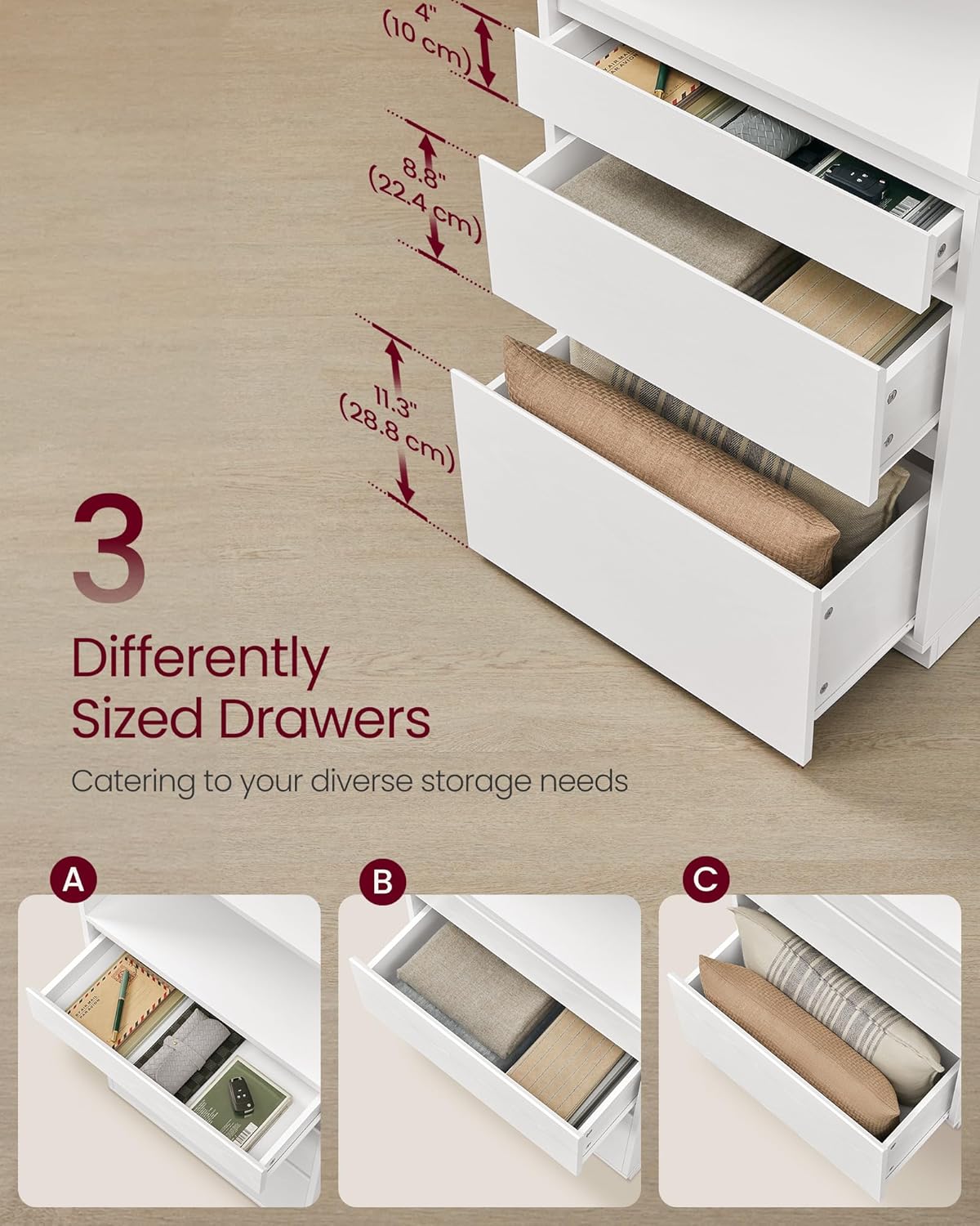 VASAGLE Biblioteca cu 3 sertare si polite reglabile, colectia Kailyn, PAL laminat 15 mm, 57x30x180 cm, alb - imagine 5