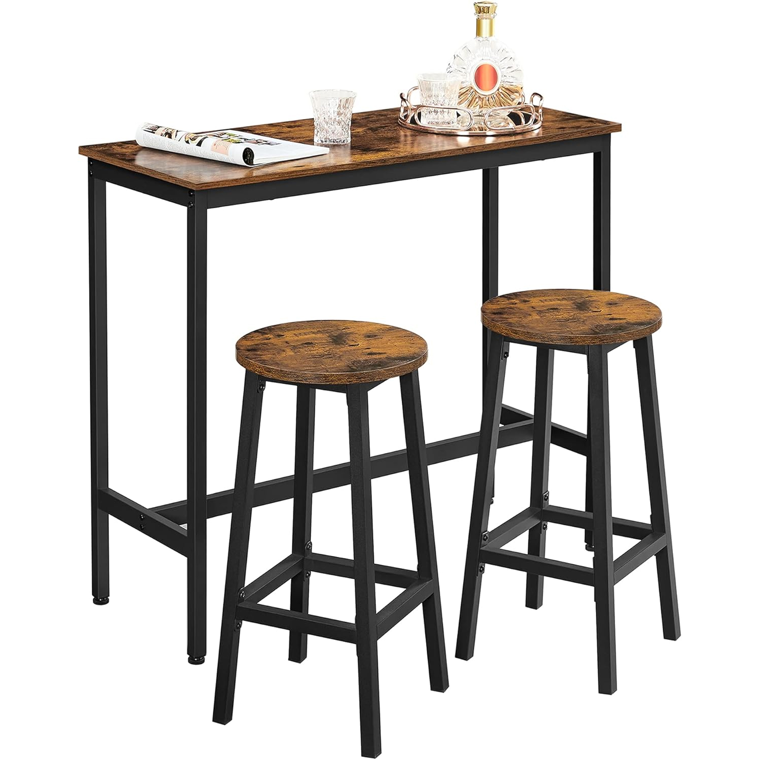 VASAGLE Set masa bar cu 2 scaune rotunde, cadru metalic, stil industrial, 100x40x90 cm, maro rustic - imagine 7