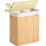 SONGMICS Cos rufe din bambus cu 2 compartimente, sac detasabil, 100 litri, 52x32x61 cm, maro natur