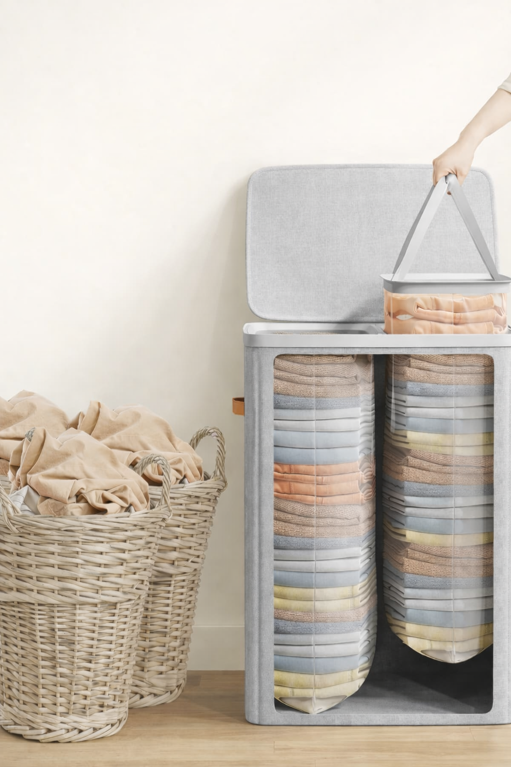 SONGMICS Cos rufe cu 2 compartimente si capac, saci detasabili cu maner, 170 litri, 56x40x75 cm, gri - imagine 3