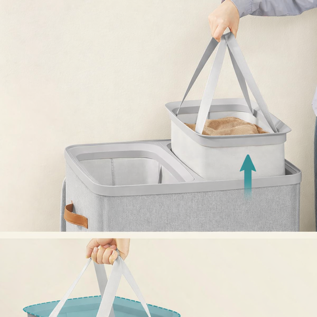 SONGMICS Cos rufe cu 2 compartimente si capac, saci detasabili cu maner, 170 litri, 56x40x75 cm, gri - imagine 5