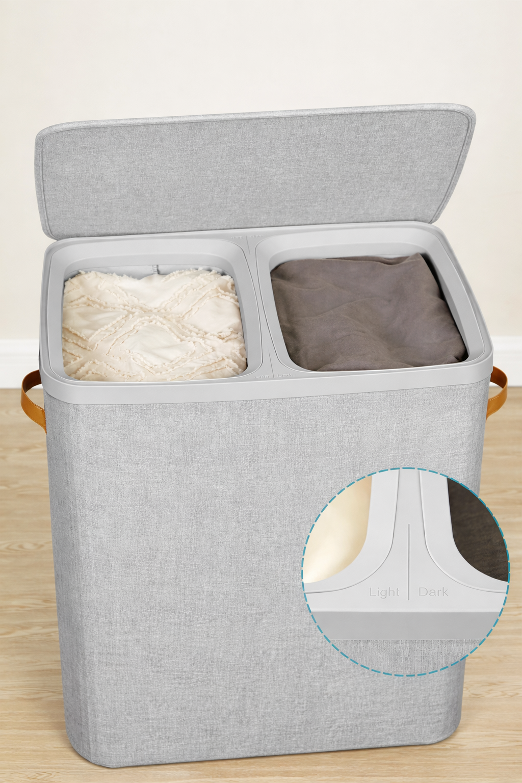 SONGMICS Cos rufe cu 2 compartimente si capac, saci detasabili cu maner, 170 litri, 56x40x75 cm, gri - imagine 6