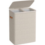 SONGMICS Cos rufe cu 2 compartimente si capac, saci detasabili cu maner, 170 litri, 56x40x75 cm, bej