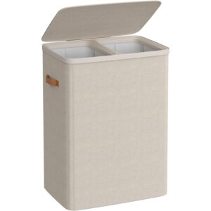 SONGMICS Cos rufe cu 2 compartimente si capac, saci detasabili cu maner, 170 litri, 56x40x75 cm, bej