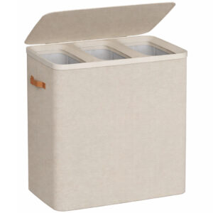 SONGMICS Cos rufe cu 3 compartimente si capac, saci detasabili cu maner, 190 litri, 64x40x75 cm, bej