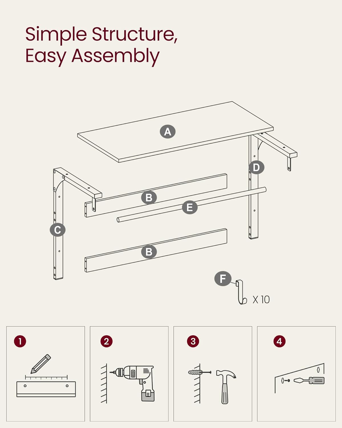 VASAGLE Raft de perete tip cuier, 10 carlige detasabile, sina pentru haine, 30x65x42cm, stejar si alb - imagine 2