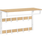 VASAGLE Raft de perete tip cuier, 10 carlige detasabile, sina pentru haine, 30x65x42cm, stejar si alb