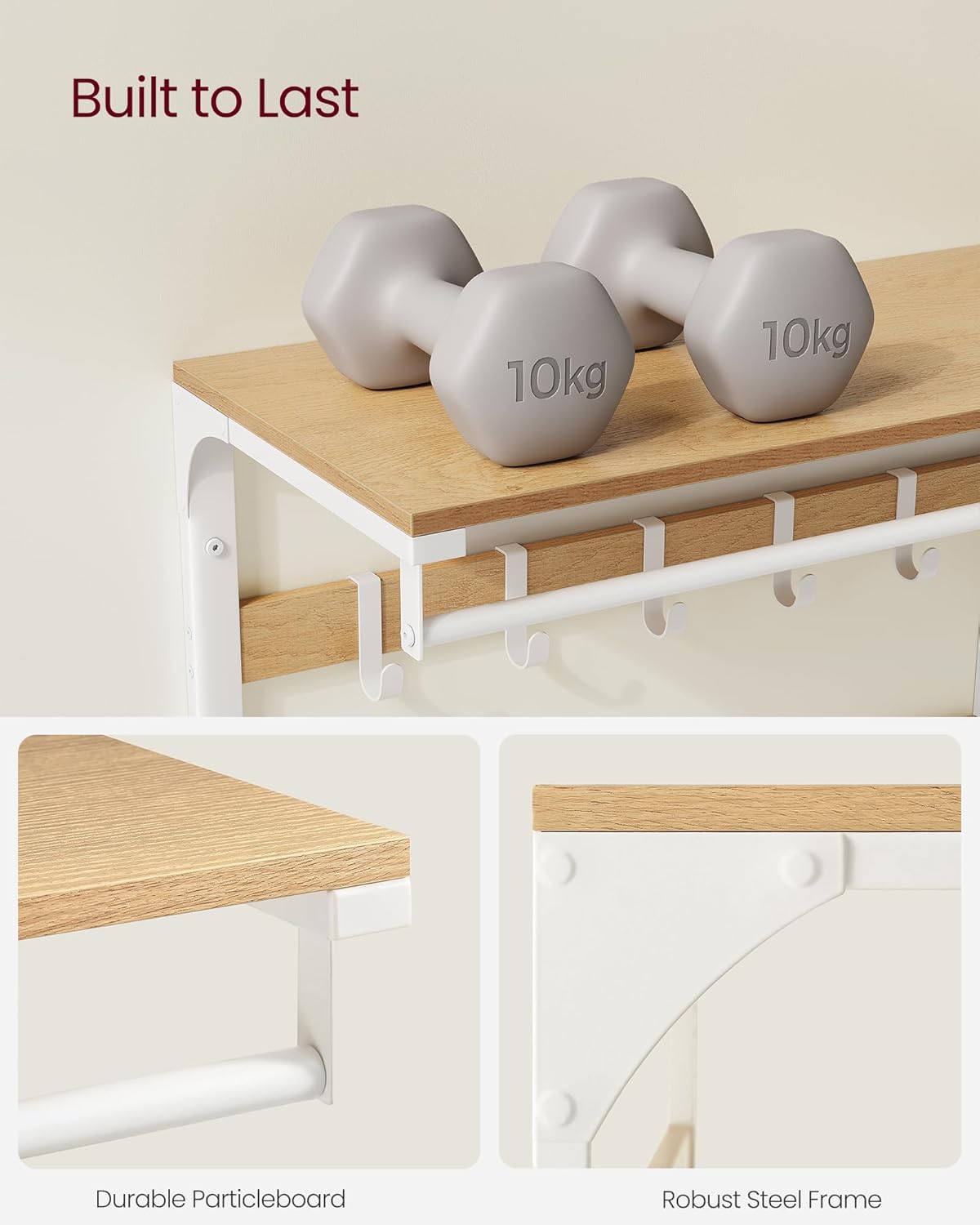 VASAGLE Raft de perete tip cuier, 10 carlige detasabile, sina pentru haine, 30x65x42cm, stejar si alb - imagine 7