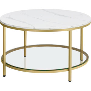 VASAGLE Masa de cafea rotunda cu blat din imitatie de marmura, polita suplimentara din sticla, 80x45cm, alb si auriu