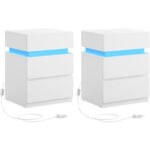 VASAGLE Set 2 noptiere din MDF cu iluminare LED, culori si intensitate reglabile, 35x40x55cm, alb