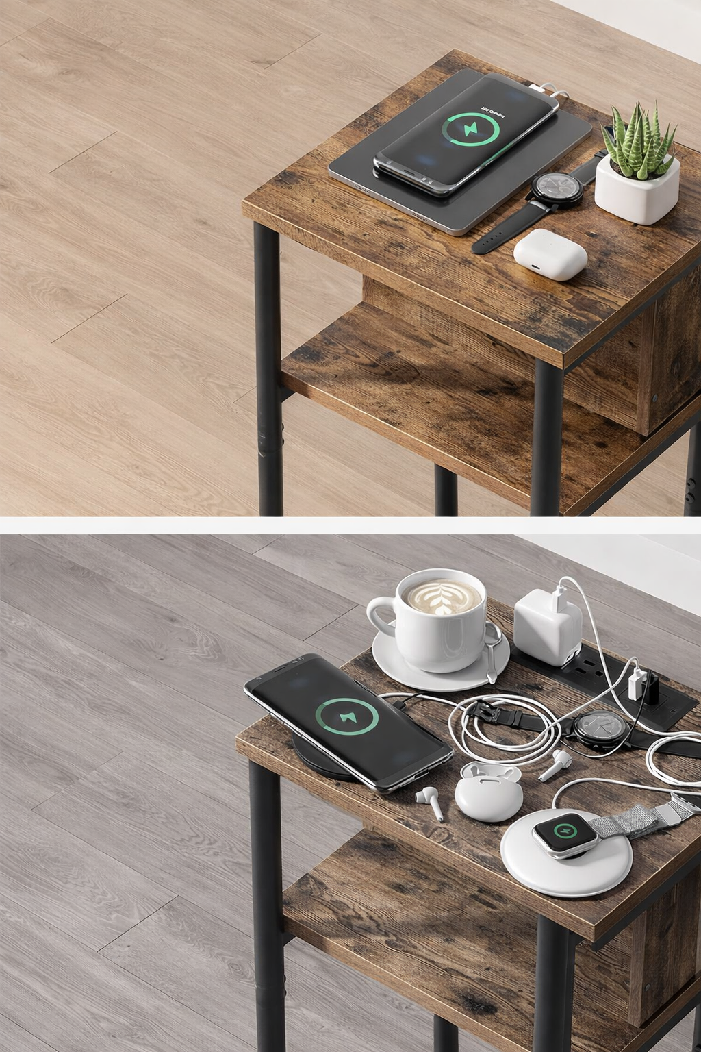 VASAGLE Noptiera cu prize si USB, 3 rafturi, stil industrial, 30x34x58 cm, maro rustic - imagine 3