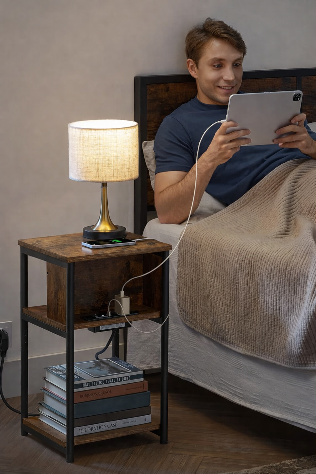 VASAGLE Noptiera cu prize si USB, 3 rafturi, stil industrial, 30x34x58 cm, maro rustic - imagine 5