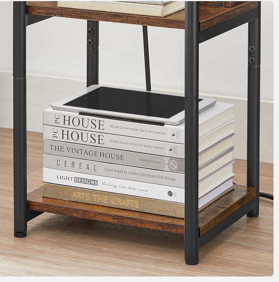 VASAGLE Noptiera cu prize si USB, 3 rafturi, stil industrial, 30x34x58 cm, maro rustic - imagine 6