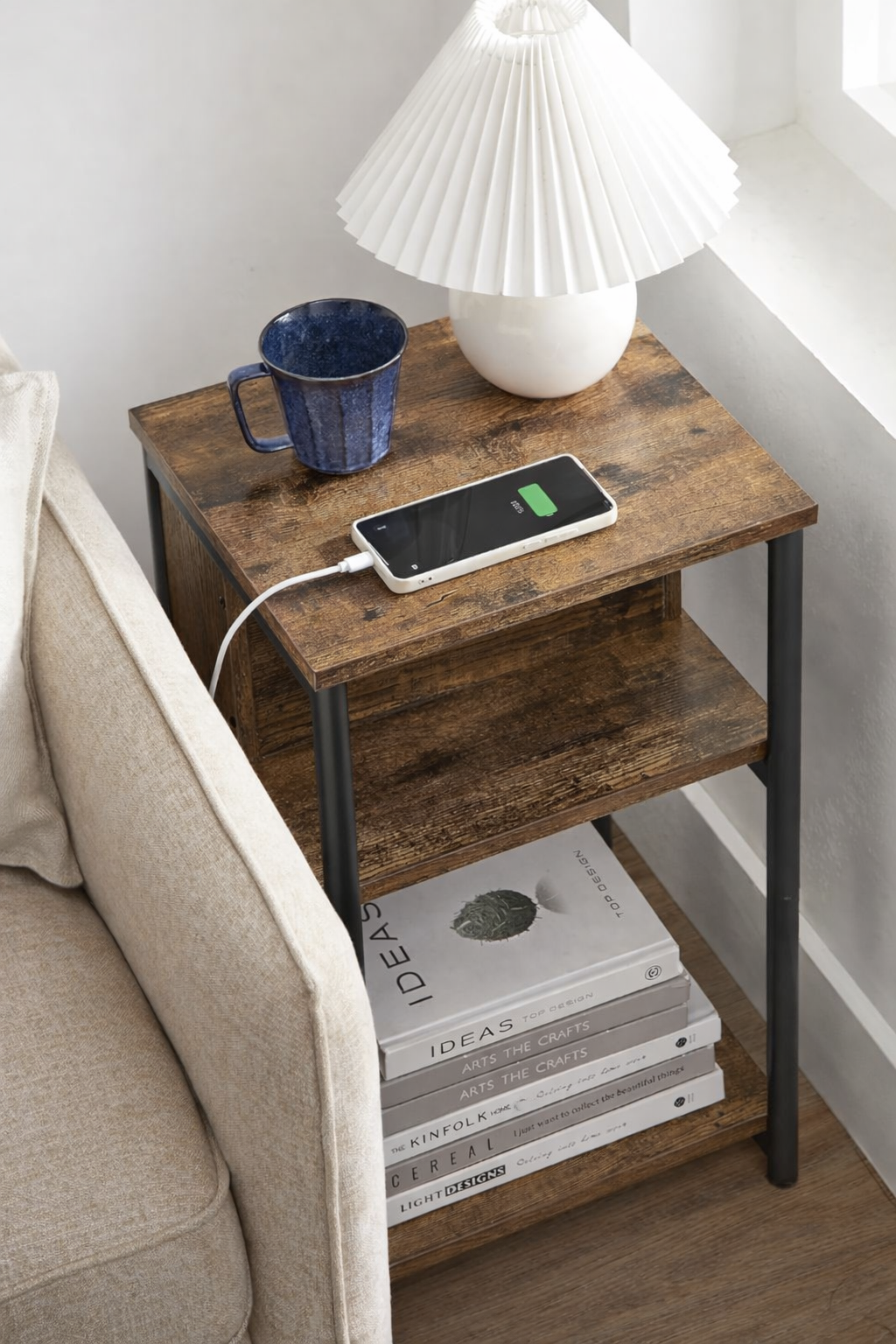 VASAGLE Noptiera cu prize si USB, 3 rafturi, stil industrial, 30x34x58 cm, maro rustic - imagine 7