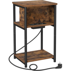 VASAGLE Noptiera cu prize si USB, 3 rafturi, stil industrial, 30x34x58 cm, maro rustic